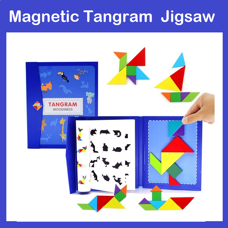 Magnetic Jigsaw Puzzle Tangram Montessori IQ Teaser Wooden Block Mainan ...