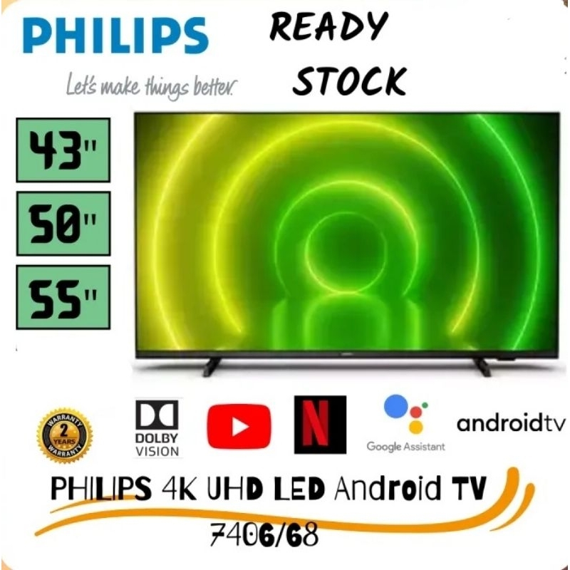 PHILIPS 43"/50"/55" 4K UHD LED ANDROID TV 50PUT7406/68/55PUT7406 ...