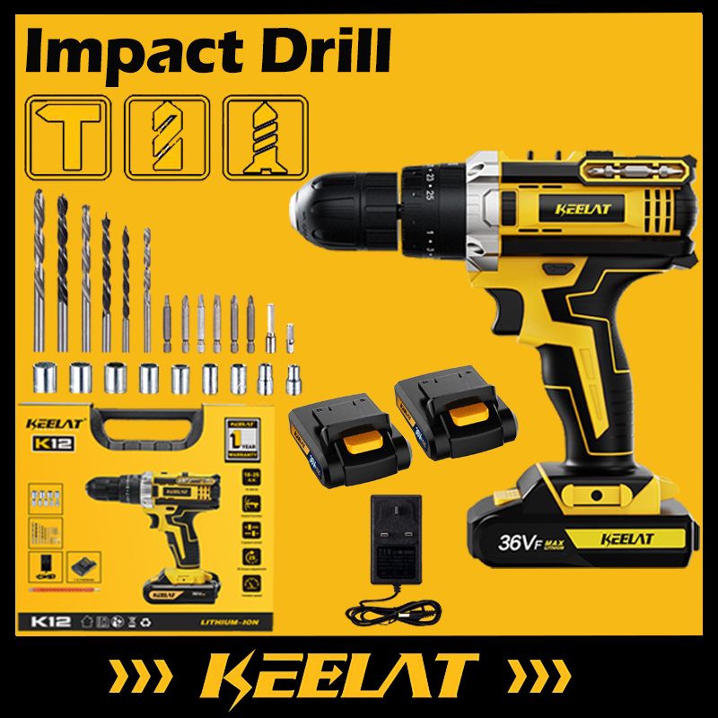 KEELAT 31 PCS Set Cordless Drill Hand Impact Drill Battery Drill