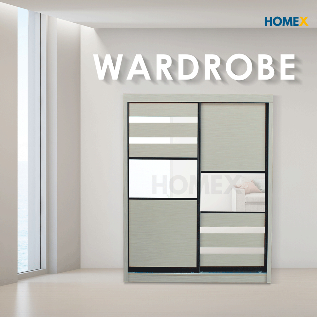 Free Install Almari Baju Wardrobe Sliding Door Anti Jump Mirror