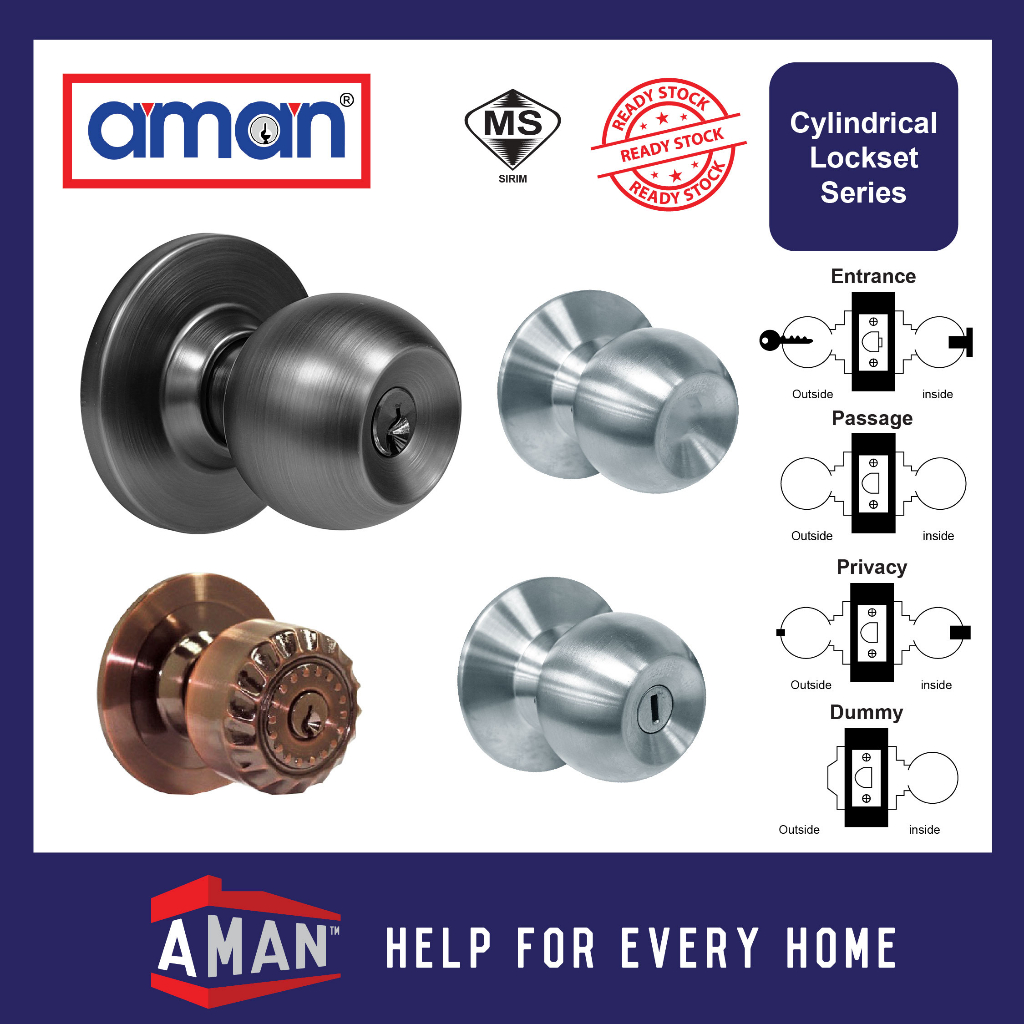 AMAN Big Rose Cylindrical Door Knob Lock Set Entrance Storeroom Privacy ...