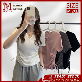 Women Sexy Slim Fit Ruched Solid Color Short Sleeve V-neck Drawstring Crop  Top 