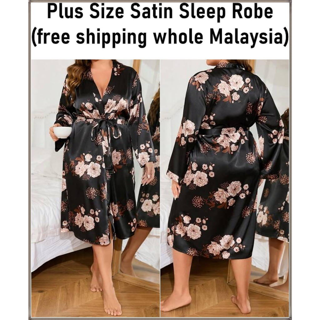 Plus Size Floral Print Belted Satin Robe Big Size Women Sleepwear Nightwear Baju Tidur Plussaiz