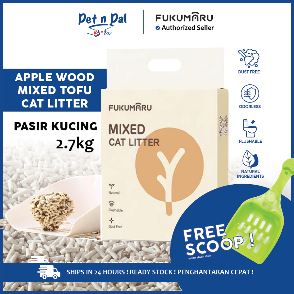 FREE SCOOP ! Fukumaru CAT LITTER Apple Wood Mix Tofu 2.7kg Pasir Kucing
