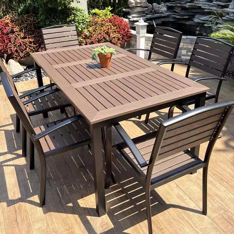 Outdoor plastic wooden tables and chairs courtyard waterproof and moisture proof outdoor tables and chairs