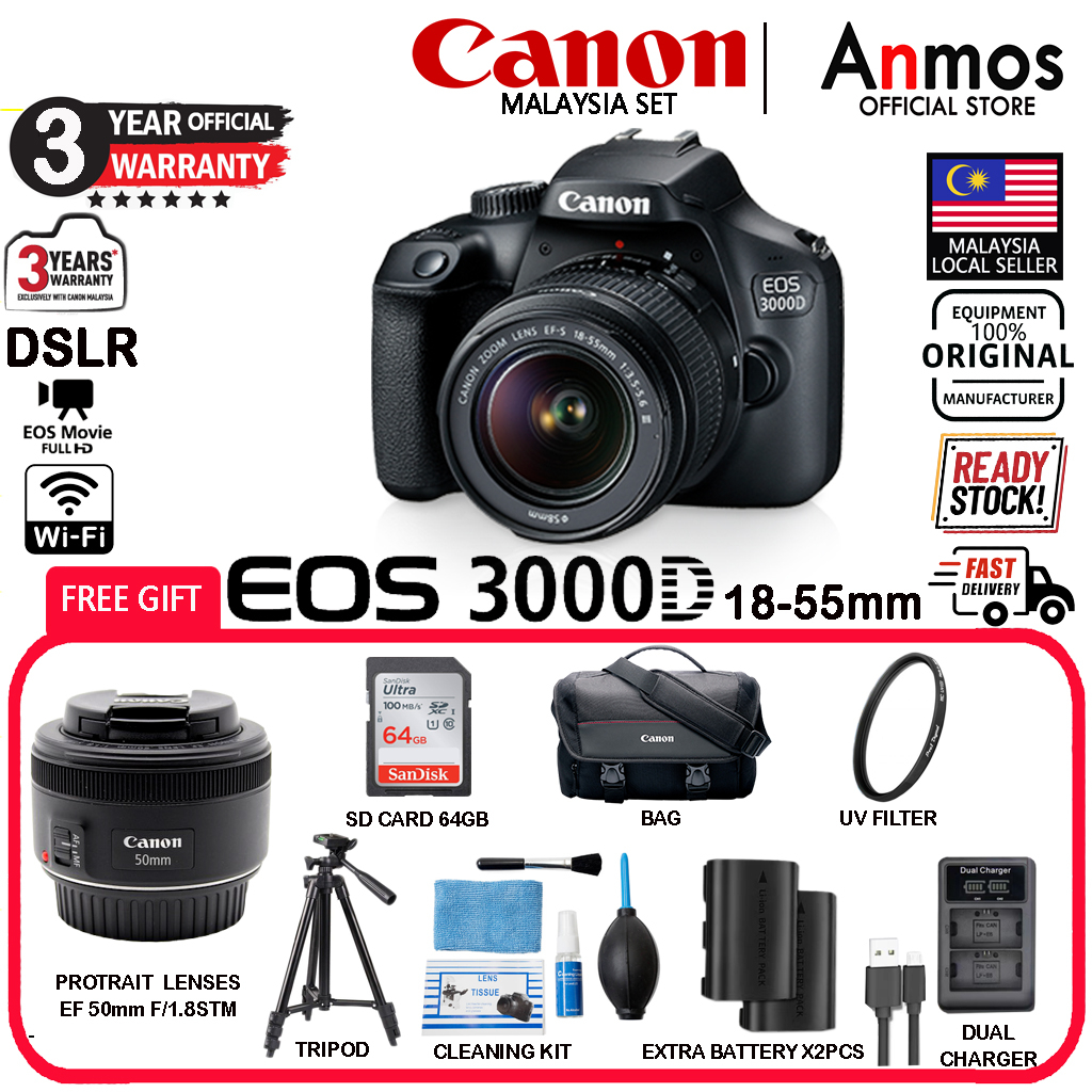 CANON EOS 3000D WITH LENS EFS 1855MM III (100 OFFICIAL CANON