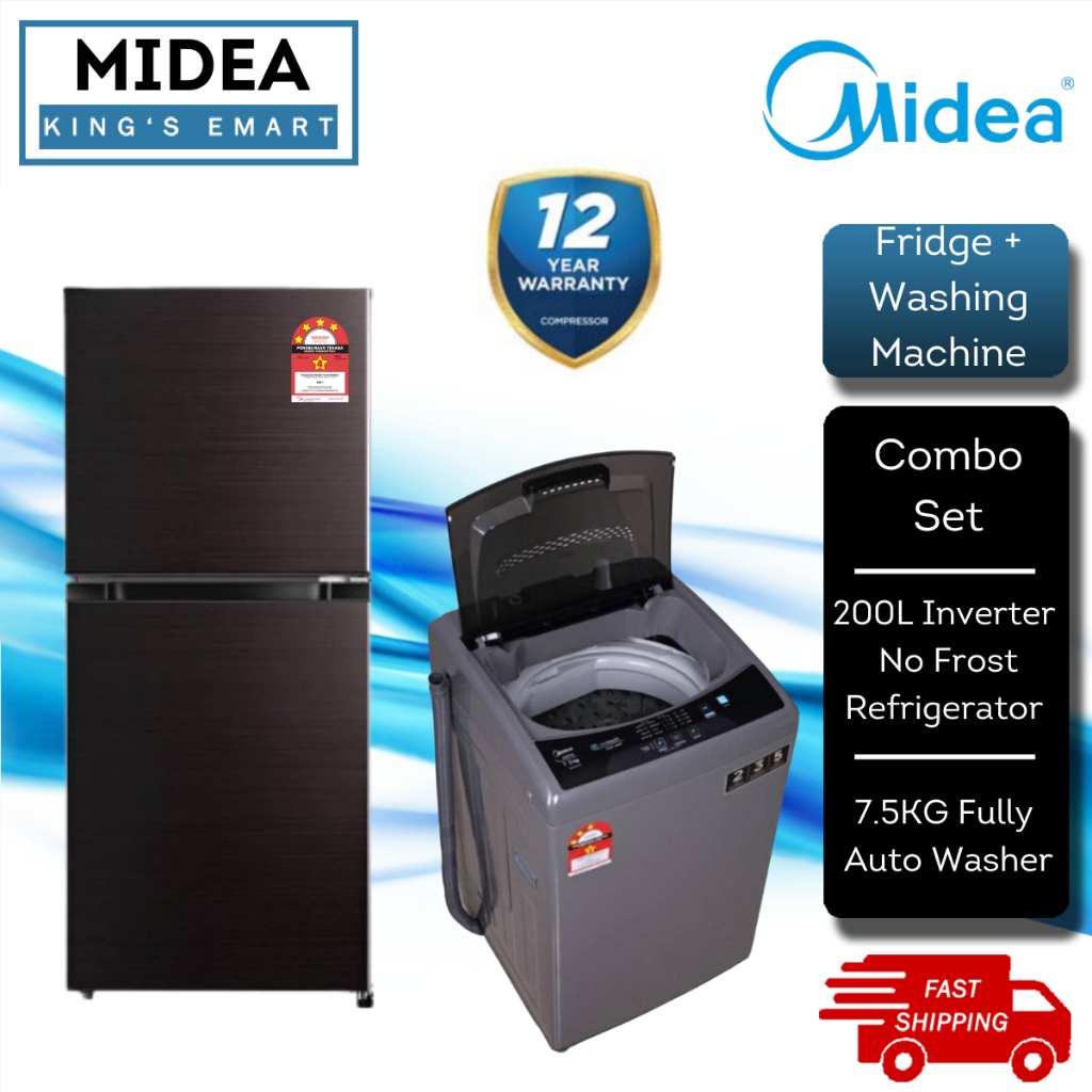 SET] Midea 2 Door Fridge Refrigerator (200L) MDRT267MTB30 & Fully Auto Washing Machine (7