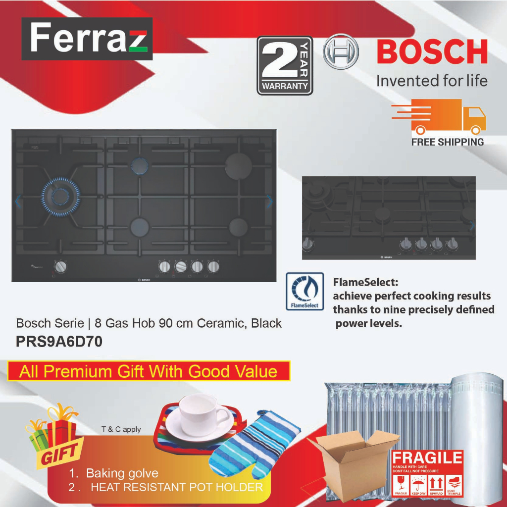 BOSCH PRS9A6B70 [NEW] 5 Burner Gas Hob 90CM Ceramic Black / Bosch