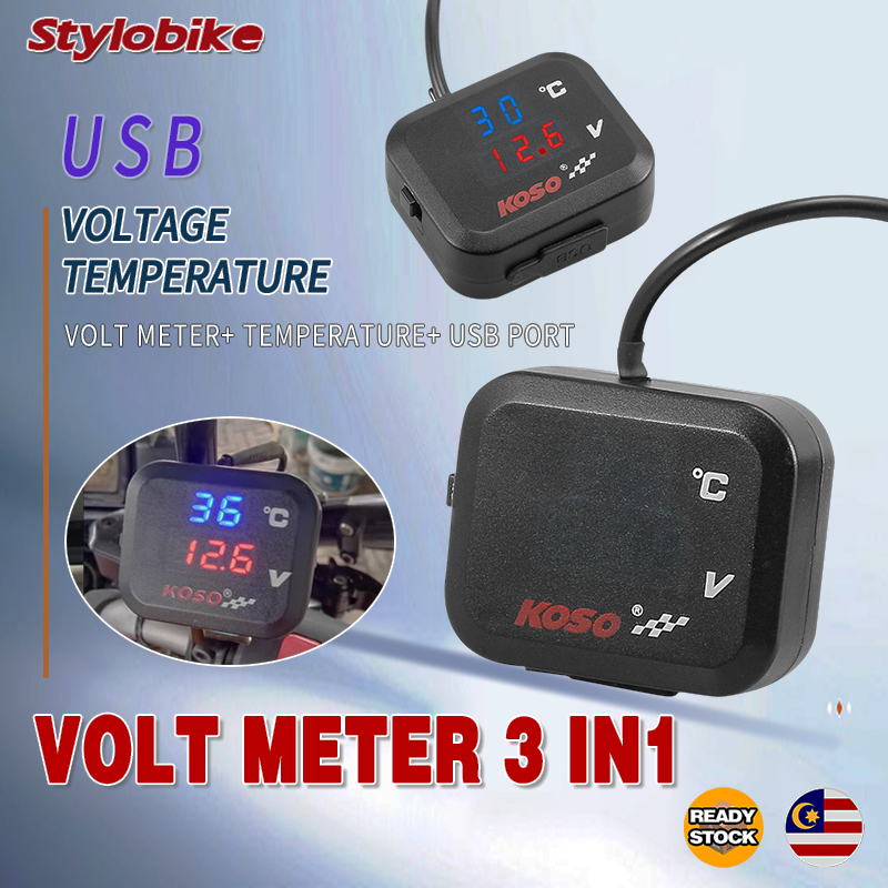 KOSO METER 3 IN 1 DIGITAL LED VOLT METER + OUTDOOR TEMPERATURE + USB