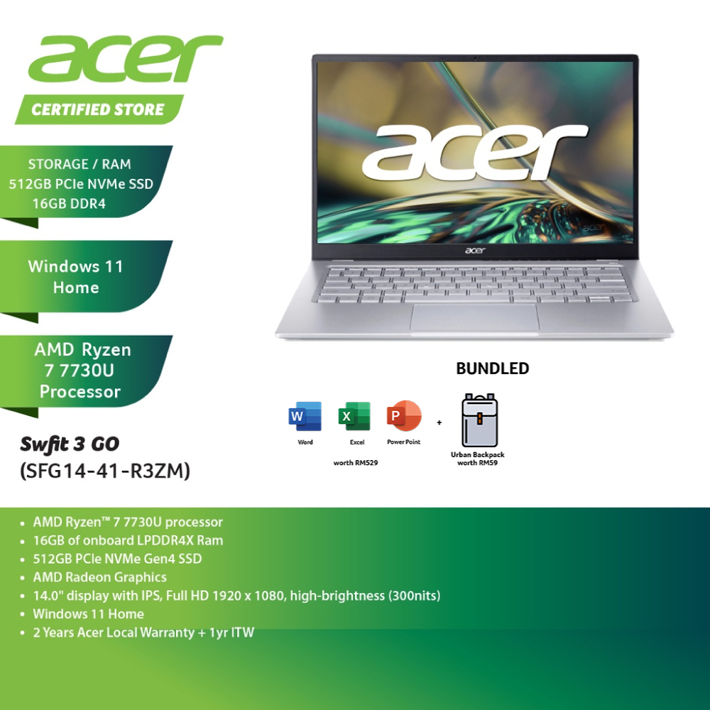 Acer Swift 3 GO SFG14-41-R3ZM 14'' FHD Laptop Pure Silver ( Ryzen 7 ...