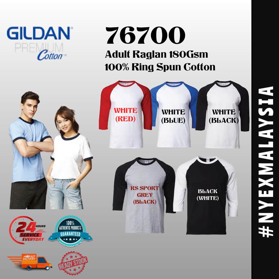 GILDAN Unisex Adult Ringer Premium Cotton 3/4 Sleeve Raglan Multi Color ...