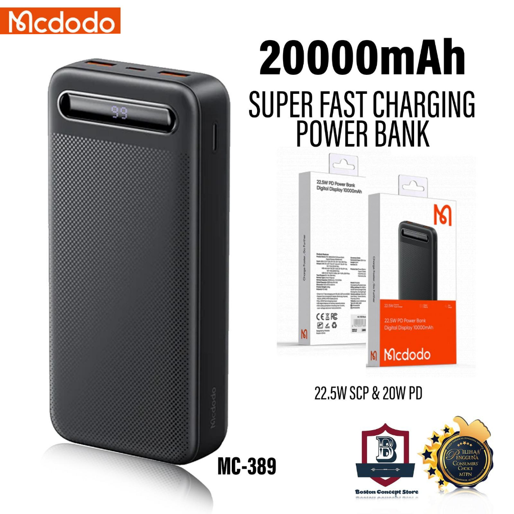 Mcdodo 389 22.5W PD+QC Power Bank 20000mAh with Digital Display