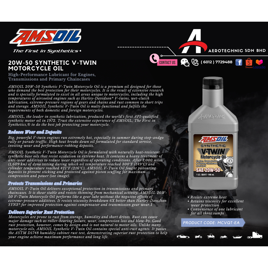 [Ready Stock] Amsoil USA SAE 20W50 100 Fully Synthetic VTwin