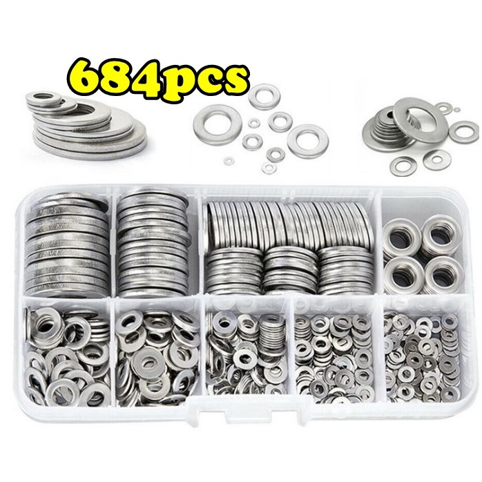 684pcs Flat Washer Nut M2 M2.5 M3 M4 M5 M6 M8 M10 M12 Stainless Steel