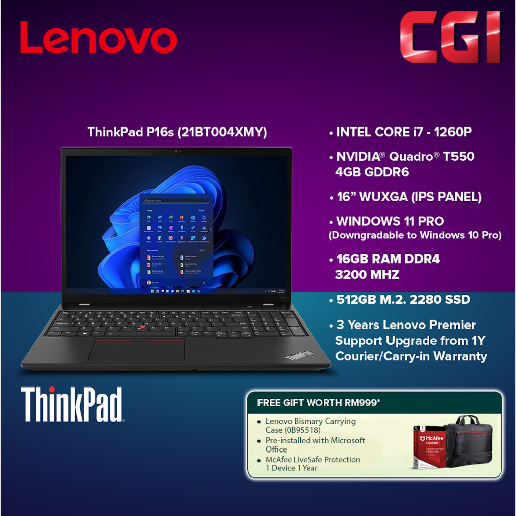 Lenovo 16" ThinkPad P16s Gen 1 i71260P Quadro T550 16GB 512GB WUXGA IPS W11DG W10P 3Y Onsite