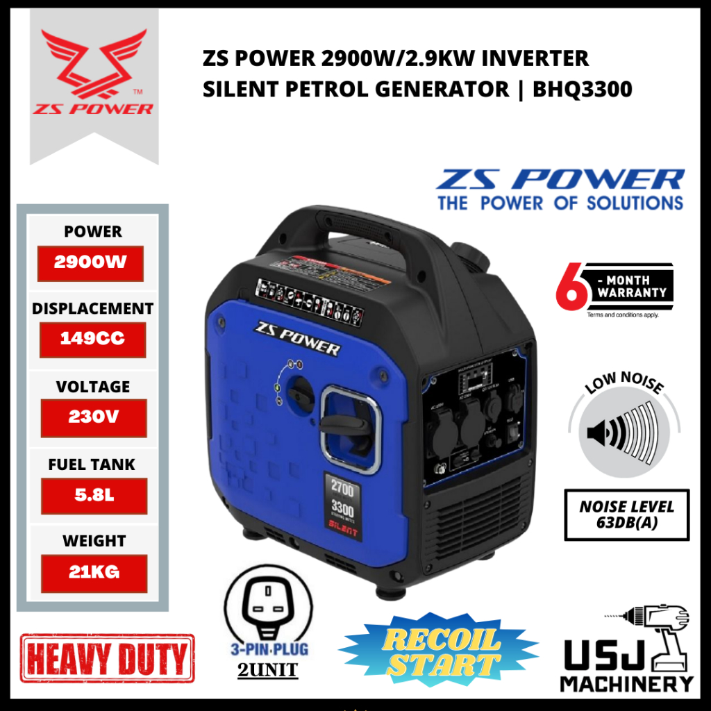 ZS POWER 2900W Inverter Silent Petrol Generator BHQ3300 (Recoil Start