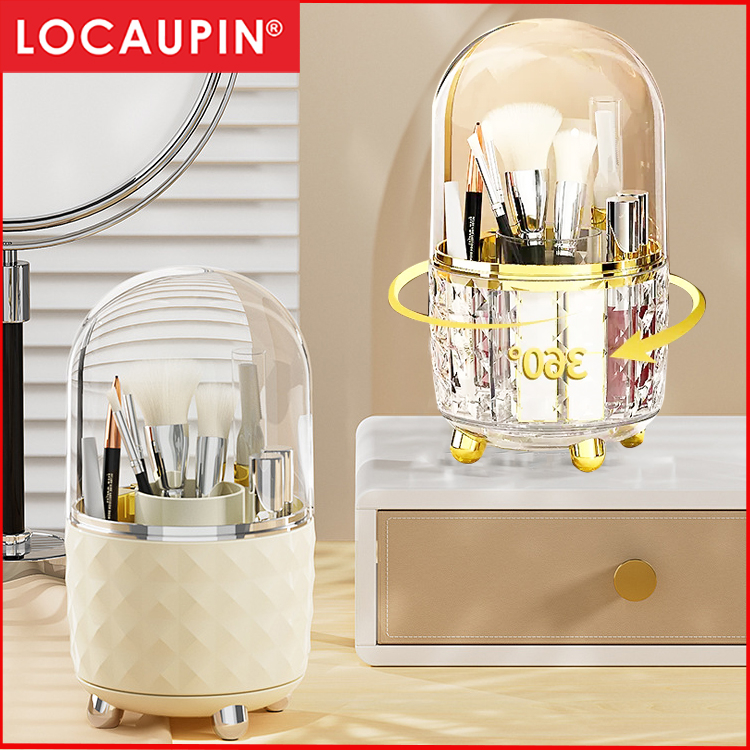 Locaupin Makeup Brush Holder Organizer with Lid 360 Rotating Dustproof