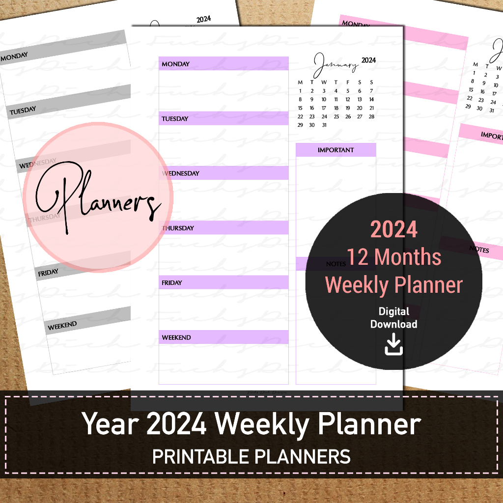 Printable Weekly Planner Year 2024 | PDF | A4 A5 planner inserts | 12 ...