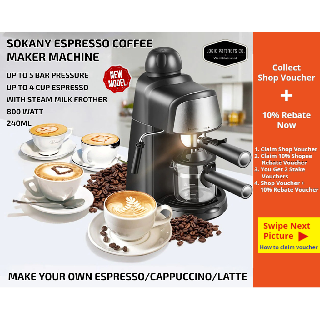 [RM129] Sokany Espresso 5 Bar Electric Coffee Maker Machine Steam Frother Foam Milk Latte