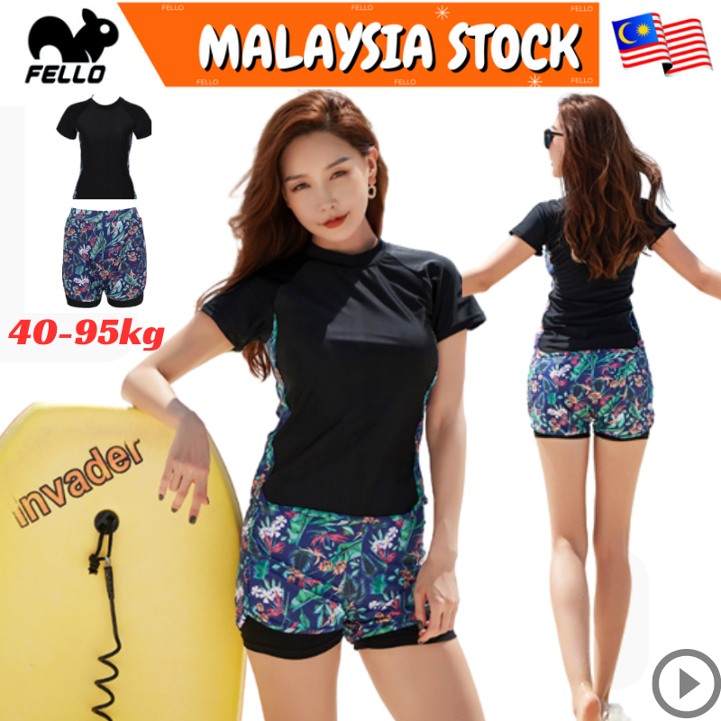 🇲🇾READY STOCK KL Plus Size (2PCS) UV Protect Lady Women Short Sleeve Pant Swimsuit Swimwear