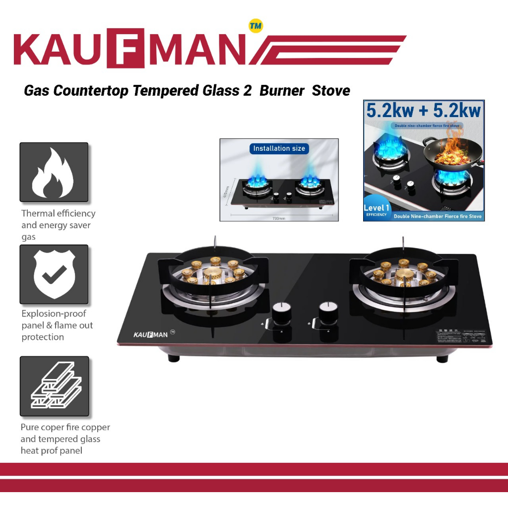 Tempered Glass Gas Stove Dapur Gas Clad Double NineChamber Fierce