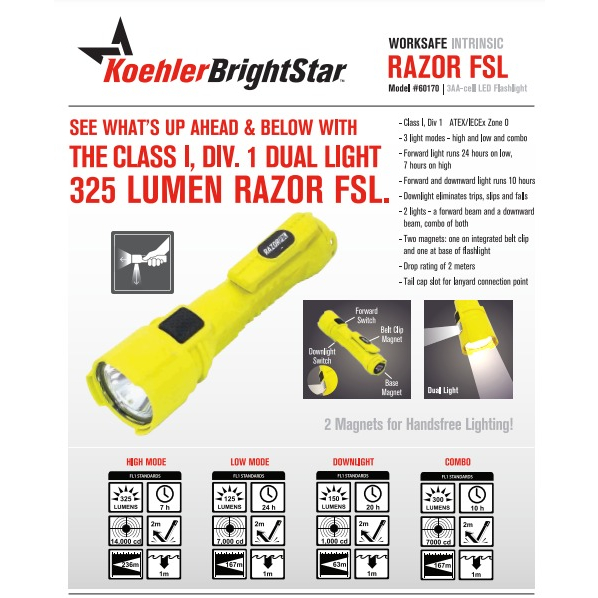 KOEHLER BRIGHTSTAR WORKSAFE INTRINSIC 60170 FSL RAZOR LED FLASHLIGHT ...