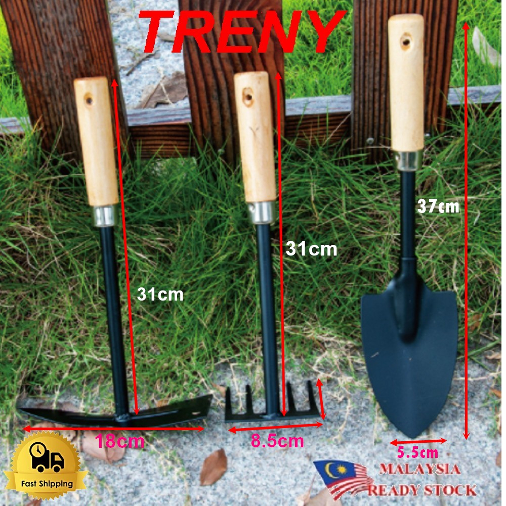 TRENY Wooden Handle Garden Tool kit Rake, Shovel and Hoe