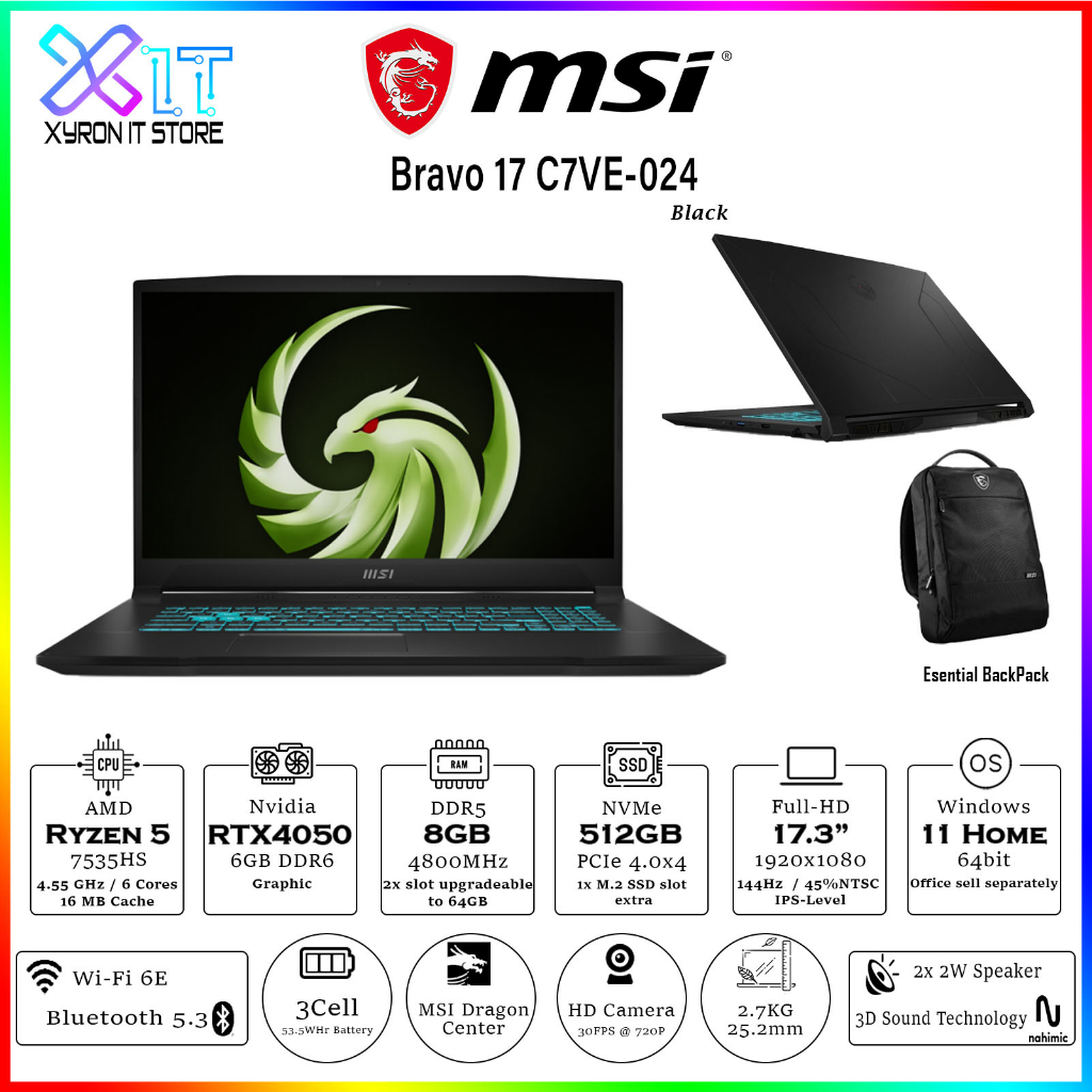 MSI Bravo 17 C7VE-024 | Ryzen 5-7535HS/RTX4060 6GB/8GB/512GB NVMe/17.3 ...