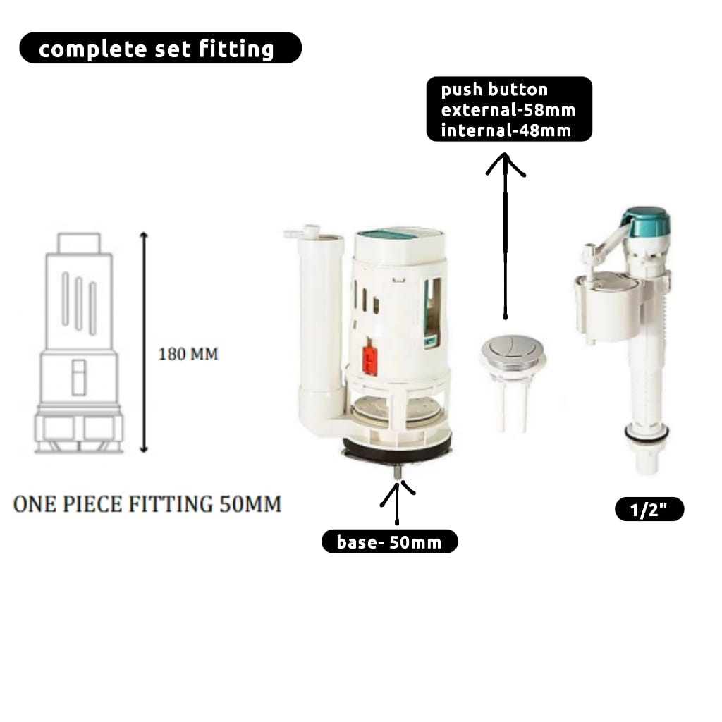 One Piece Water Closet Fittings 50mm C W Push Button 58mm, Bottom Inlet 