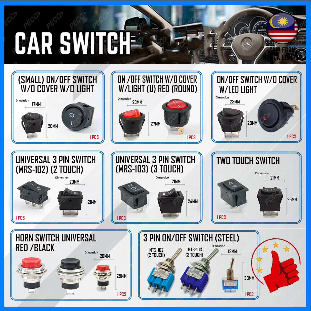 (1pcs) Universal Switch 2 Pin 3 Pin Car On Off Push Button Switch ...