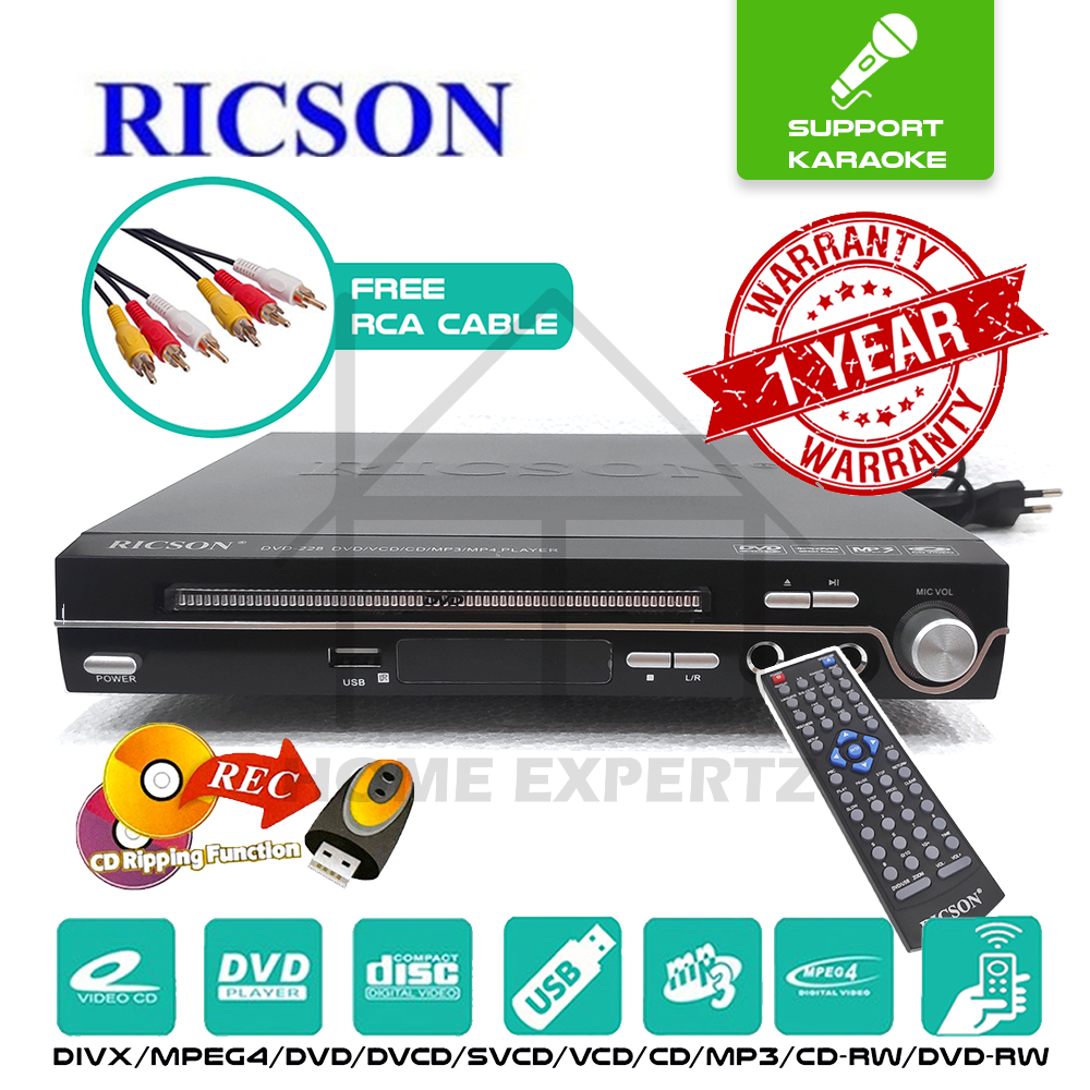 RICSON DVD PLAYER WITH RCA CABLE / REMOTE CONTROL / MIC INPUT (DVD228