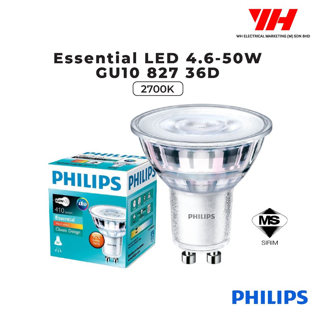 Philips LED GU10 Essential (4.6-50W 2700K Warm White) 827 36D Light Bulb, Mentol Lampu