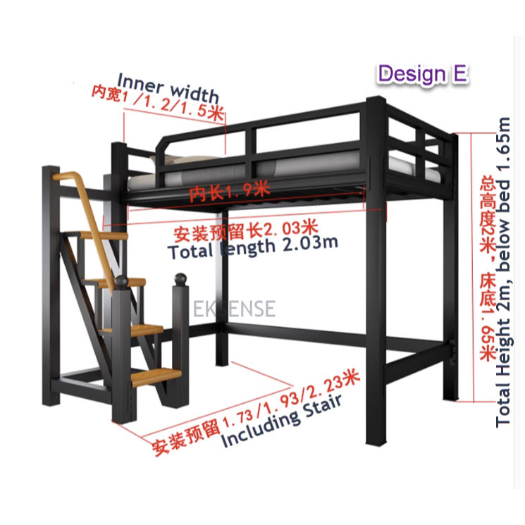 Eksense Upgraded Metal Loft Bed Frame Ladder Double Decker Bunk Rangka Katil Besi 2 Tingkat