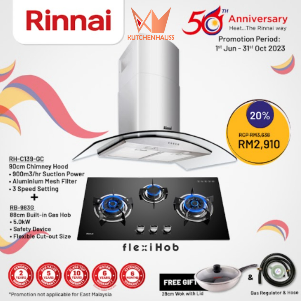 Rinnai Package 90cm Chimney Hood RHC139GC & 88cm Built In Gas Hob RB