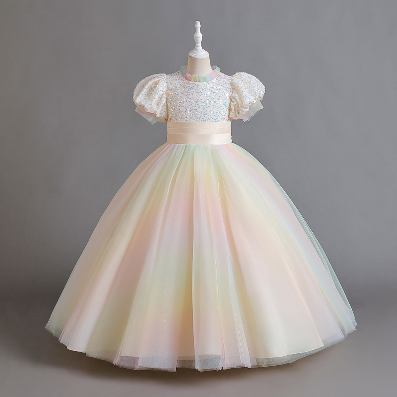 Princess Gown Children Girl Long Dress Sequin Plain Short Sleeve Gaun ...