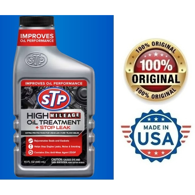 READY STOCK STP HIGH MILEAGE OIL TREATMENT + STOP LEAK 15OZ 443ML