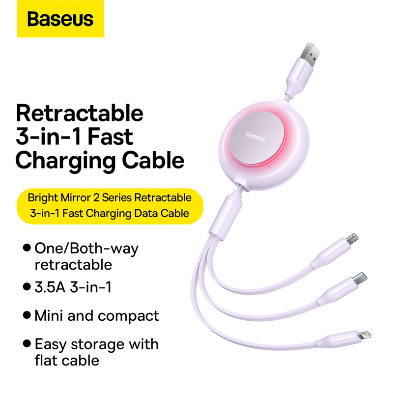 Baseus 3 in 1 USB Fast Charging Retractable Data Cable for iP 12 Type C ...