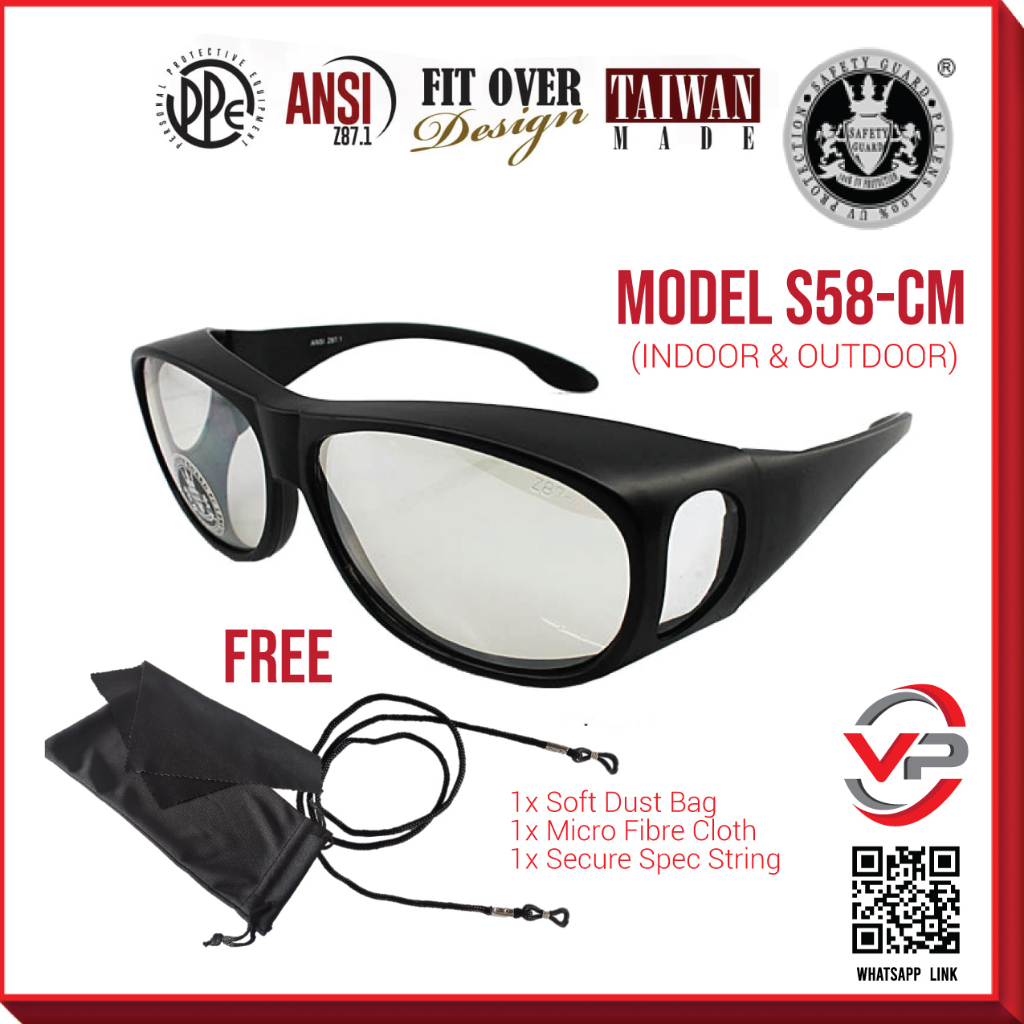 SAFETY GUARD S-58 SAFETY GLASSES FIT OVER S58 SIRIM DOSH ANSI Z87 UV CLEAR  TINTED SPORTS CERMIN MATA KERJA WORK GOOGLE