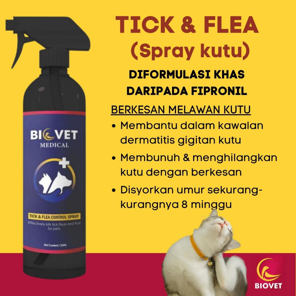 ORIGINAL HQ SPRAY KUTU KUCING & ANAK KUCING BIOVET 120ml Kutu Hama