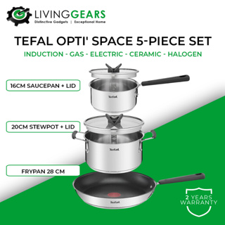 Tefal Set 6p Optispace Pan 24cm & 28cm, 18cm Casserole 20 cm + Lid,  Stainless Steel