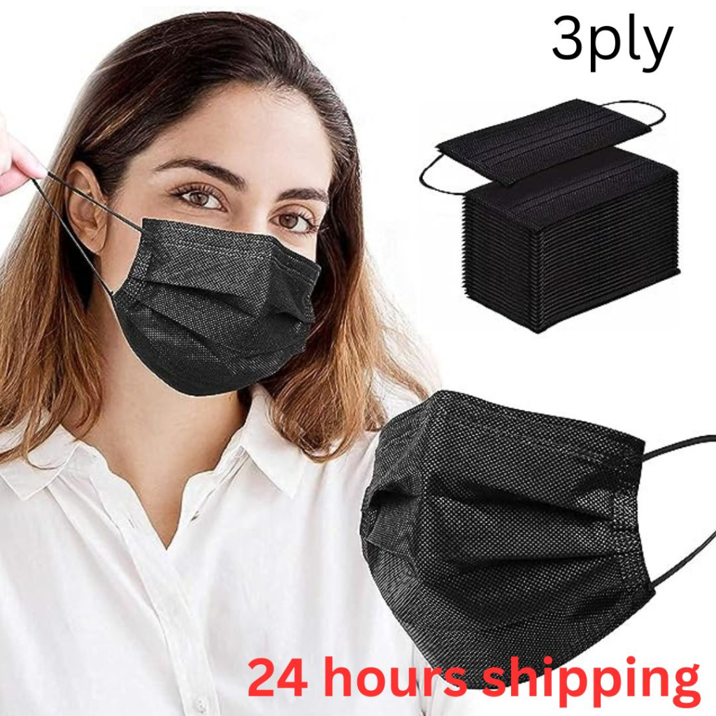 50pcs Black/Inner black Mask 3ply Original Tebal Non Medical Disposable