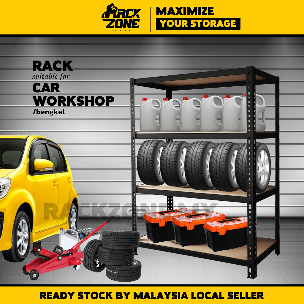 RACKZONE Black 4 Tier Rak Boltless Rack Heavy Duty Rak Besi Bertingkat ...