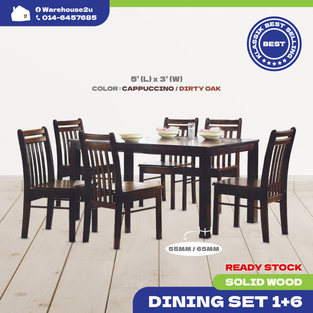 1+6 Classic Wood Dining Set 1 Dining Table 6 Dining Chair Meja Makan ...