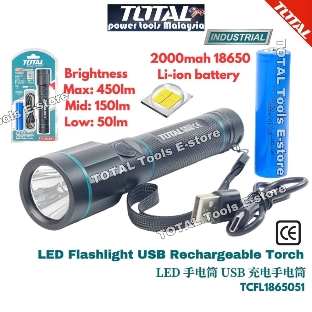 TOTAL LED Flashlight USB Rechargeable Torch (Li-ion Rechargeable ...