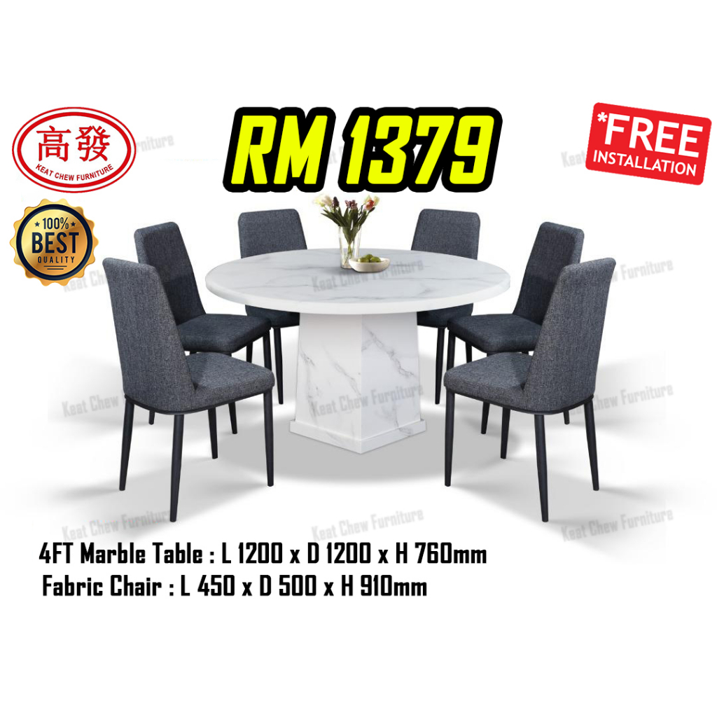 Marble Dining Set 4FT Round Marble Dining Table With Farbic 6 Chiars / Meja Makan / Dining Set 6