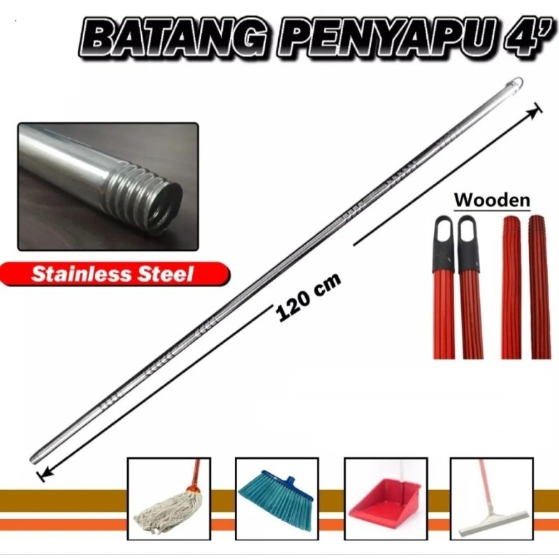 Stainless Steel / Kayu Batang Penyapu / Pole /Stick for Mop & Sweeper