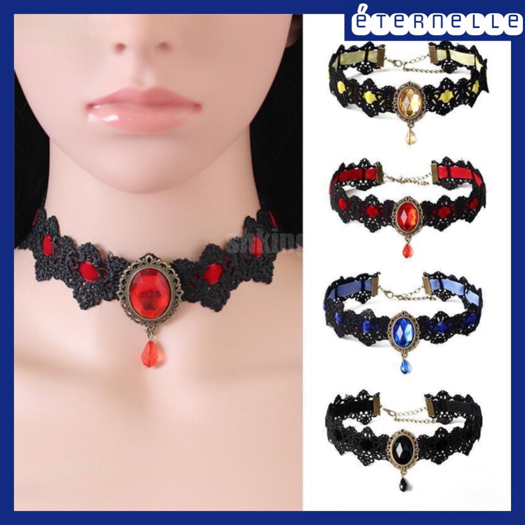 Women Black Lace Necklace Collar Choker Velvet Crystal Vintage Gothic ...