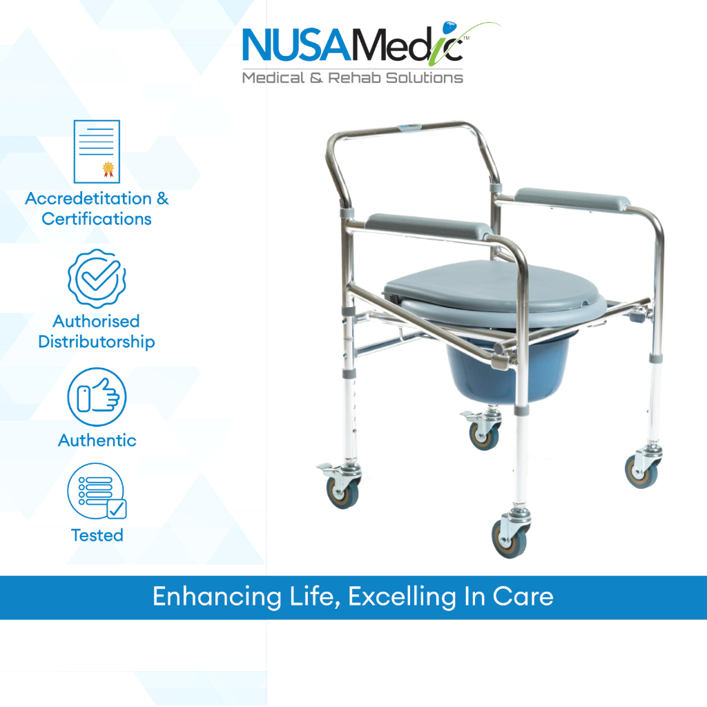 Nusa Medic Steel Chrome Foldable Commode Chair With Wheels (18
