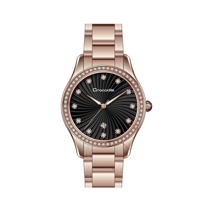 Crocodile Quartz Sunray Lines Dial CZ Crystals Stainless Steel