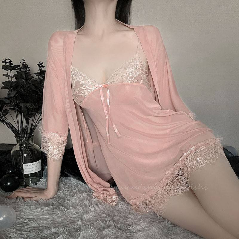 Ubraz 3Pcs Set Women Lingerie Lace Sexy Deep V Lingerie Sleep Dress  Nightwear Home Wear Baju Tidur Night Dress 睡衣